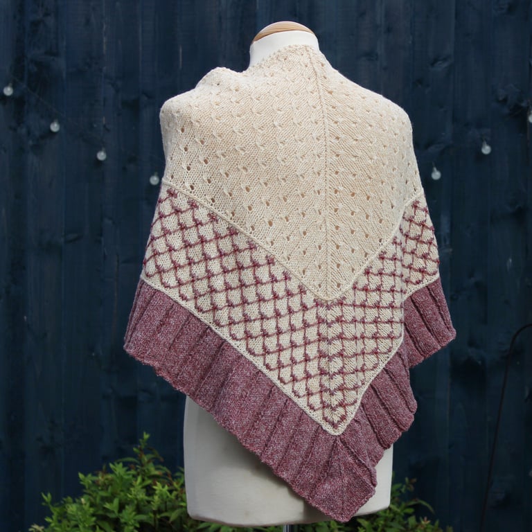 Hand knit beaded shawl in corn and burgundy tweedy mixed yarn - design F310