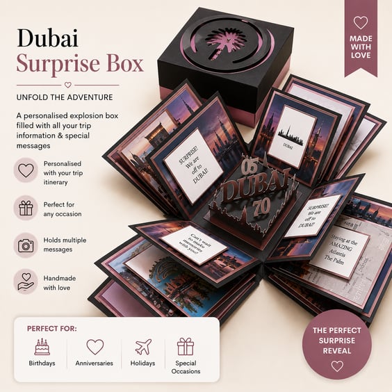 Personalised Travel Trip Reveal Box – Handmade Holiday Surprise Gift for DUBAI