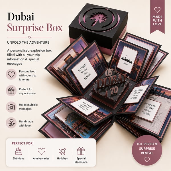 Personalised Travel Trip Reveal Box – Handmade Holiday Surprise Gift for DUBAI