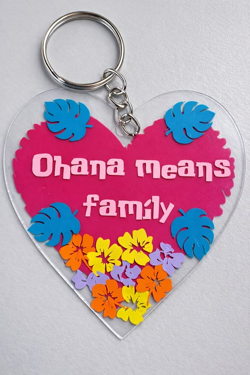 Ohana Means Family Acrylic Heart Keyring – Tropical Handmade Keychain