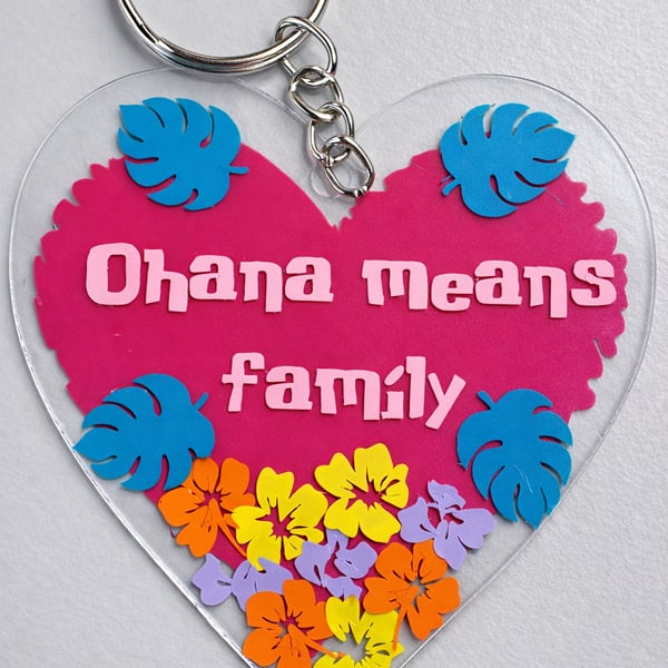 Ohana Means Family Acrylic Heart Keyring – Tropical Handmade Keychain
