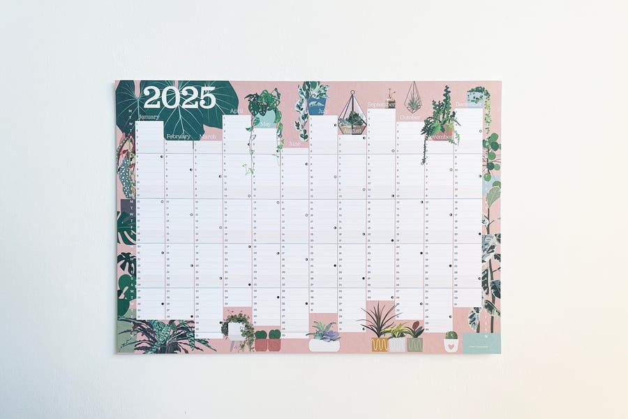Large Houseplants 2025 Printed Wall Planner Calendar A2 size