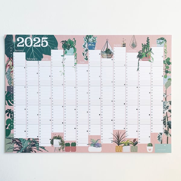 Large Houseplants 2025 Printed Wall Planner Calendar A2 size