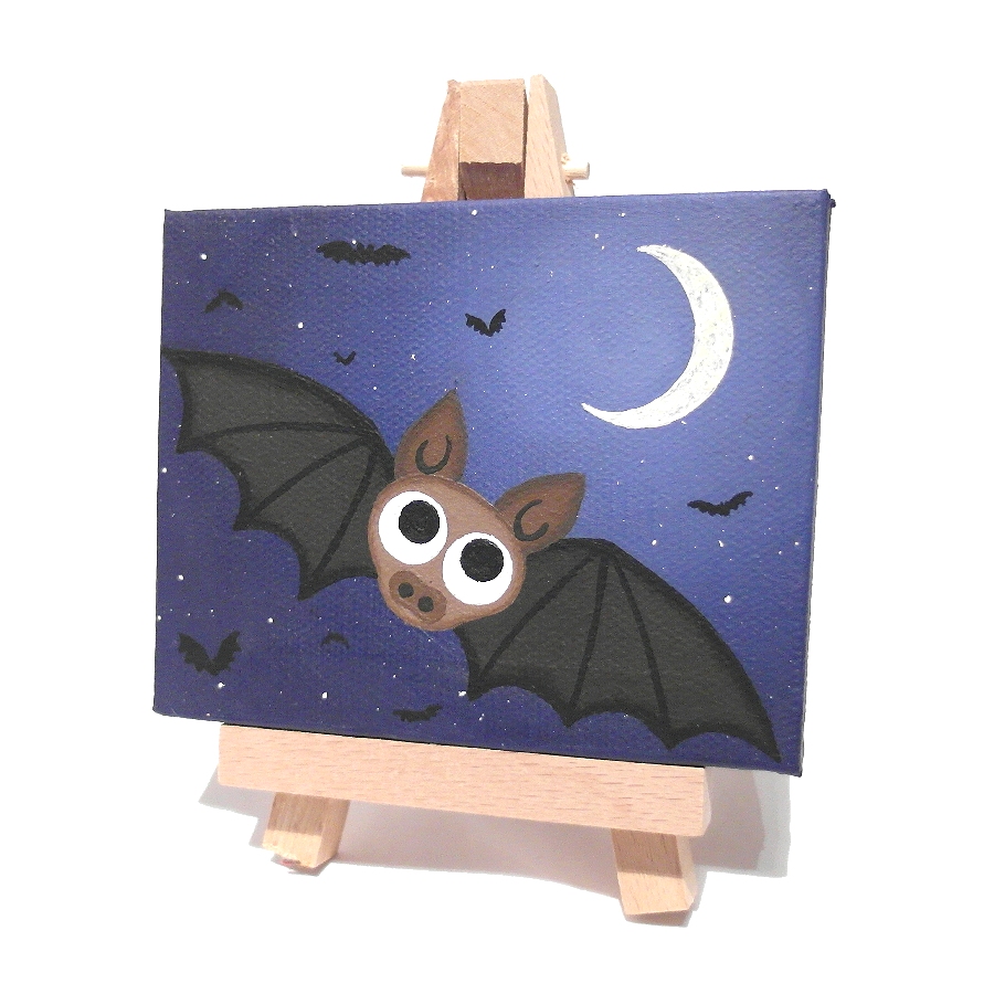 Bat Art on Miniature Canvas with Easel - mini painting of cute bats in night sky