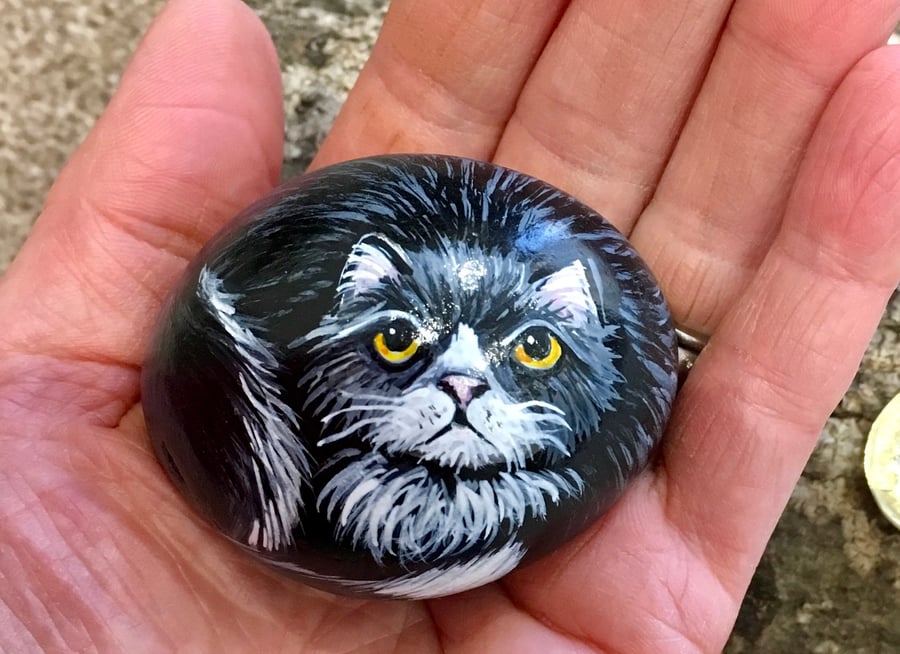Cat painted pebble rock art pet stone ornament gift 
