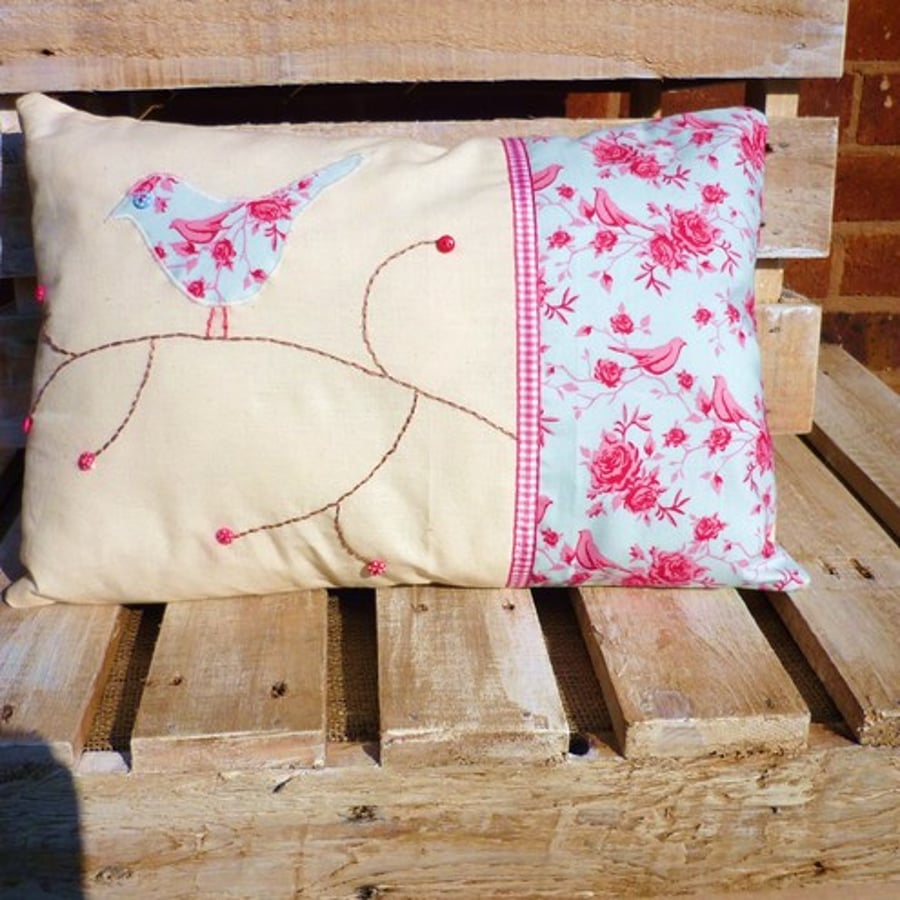 Handmade Shabby Chic Cushion,' Birds on a twig with roses'