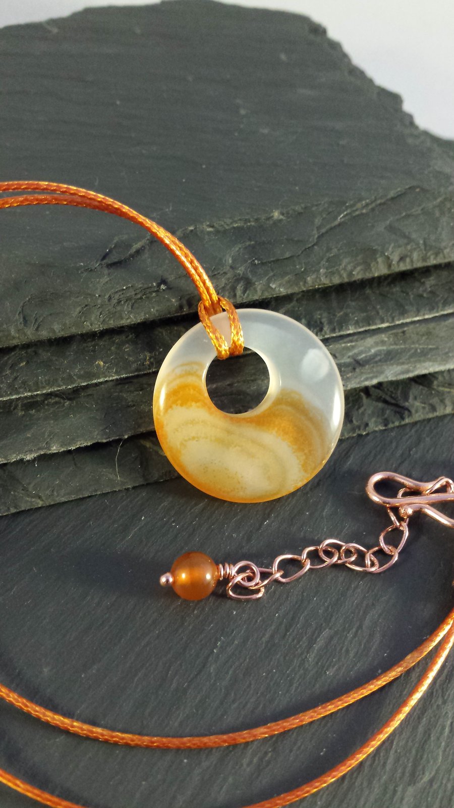 Shaded Orange Agate Donut on Cord Necklace