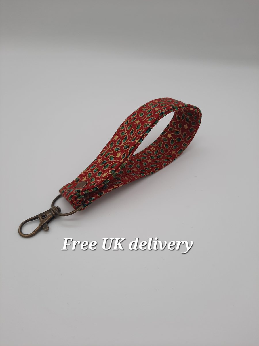 Key fob wristlet  - Christmas holly on red cotton. 