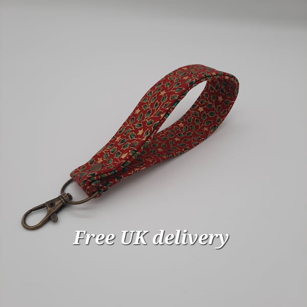 Key fob wristlet  - Christmas holly on red cotton. Sale.  