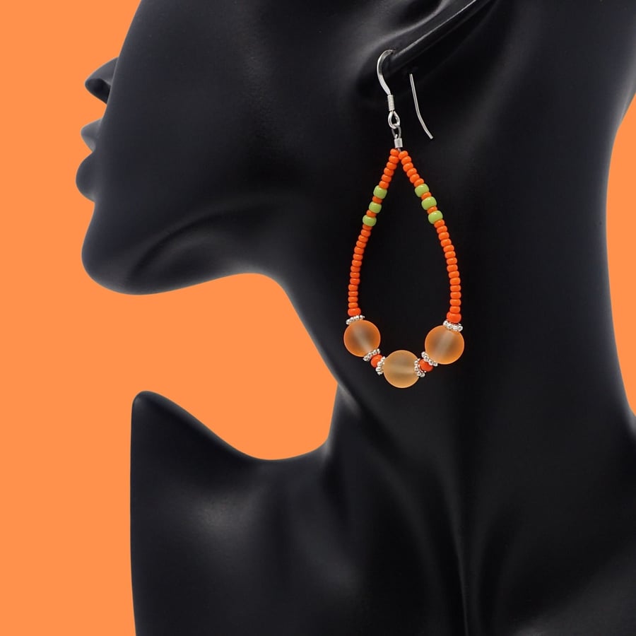 Bright Orange Beaded Dangle Earrings, Teardrop Hoops