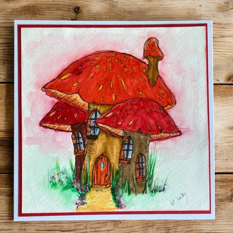 Fantasy Mushroom Village Watercolour Card, Blank For Any Occasion 
