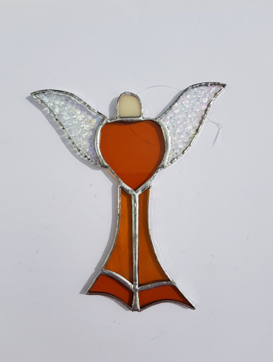 287 Stained Glass Large Gold Heart Angel - handmade hanging decoration.