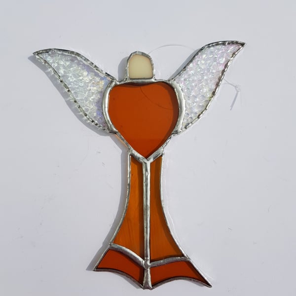 287 Stained Glass Large Gold Heart Angel - handmade hanging decoration.