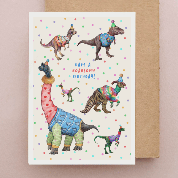 Dinosaur Birthday Card - T-Rex Birthday Card, Diplodocus Card, Parasaurolophus