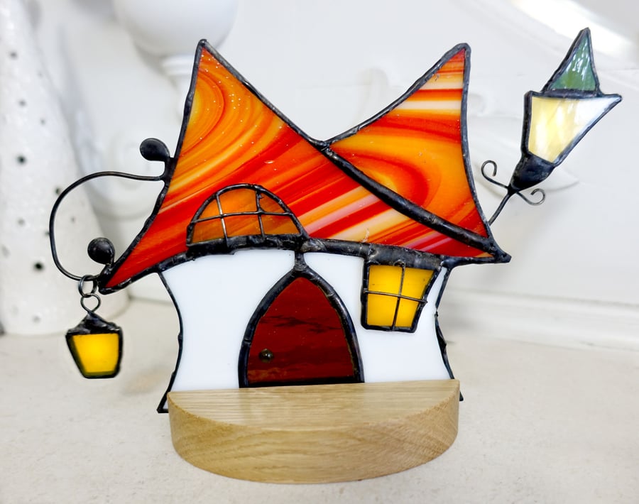 Stained Glass Cartoon Wonky Cottage on solid beech stand Nightlight