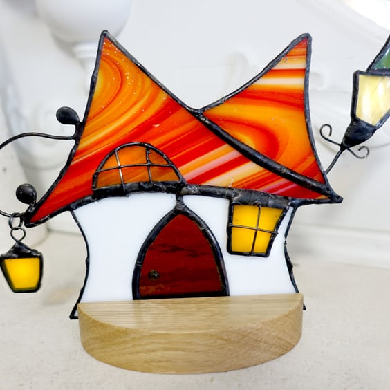 Stained Glass Cartoon Wonky Cottage on solid beech stand Nightlight