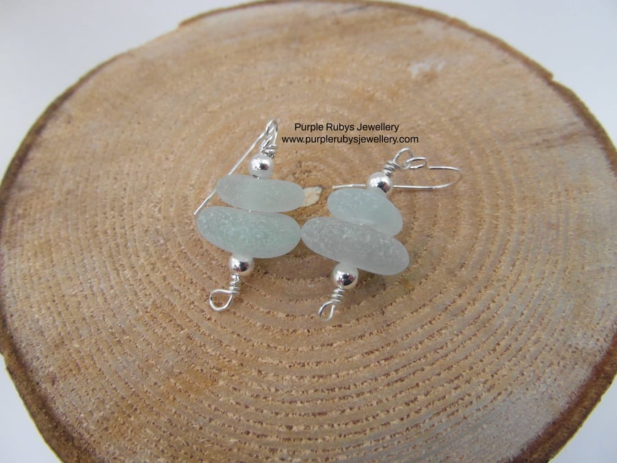 Chunky Seafoam Cornish Sea Glass Stack Earrings, Sterling Silver E517