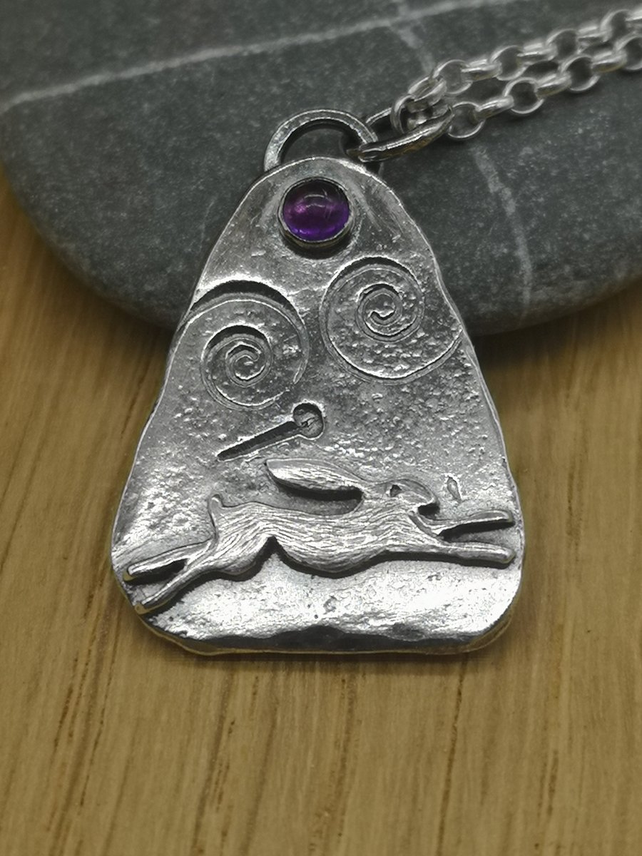 Leaping Hare Pendant with amethyst 