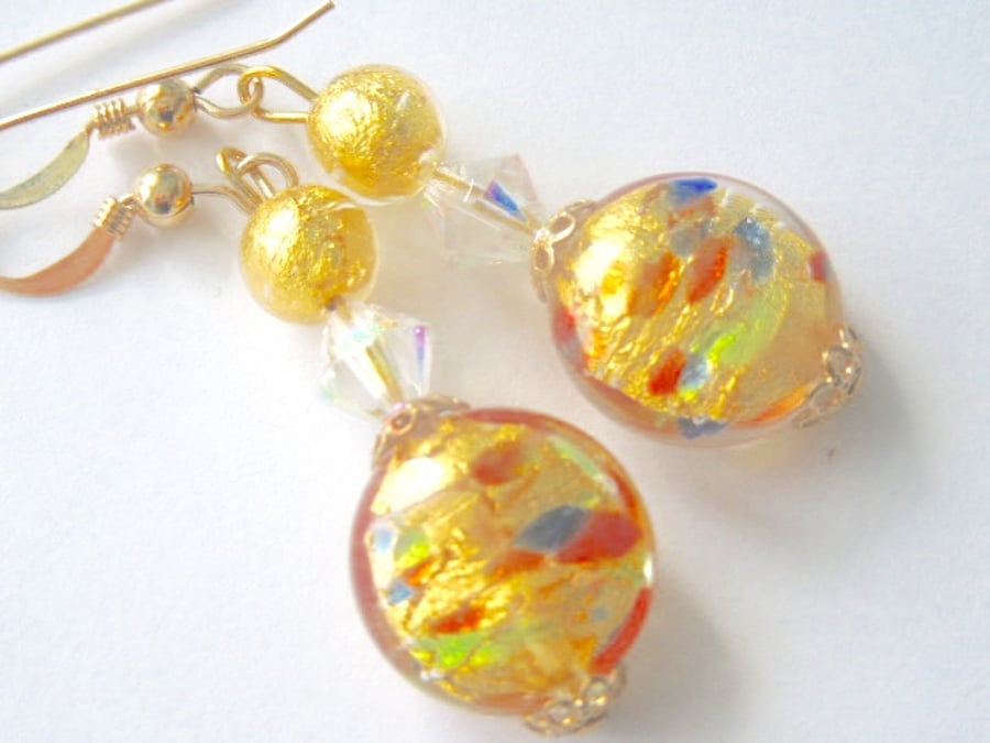 Murano glass gold earrings with Swarovski crystal and gold fill wires