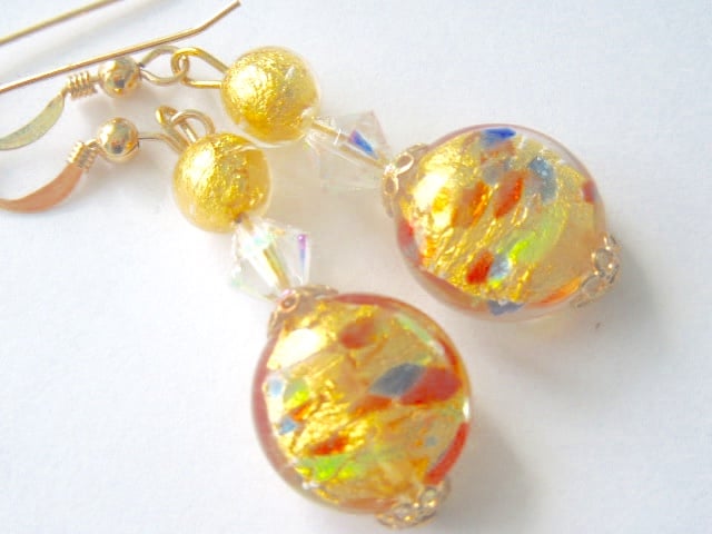 Murano glass gold earrings with Swarovski crystal and gold fill wires