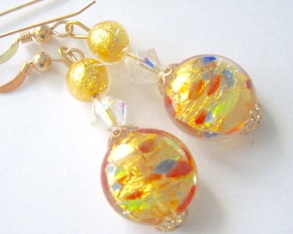 Murano glass gold earrings with Swarovski crystal and gold fill wires