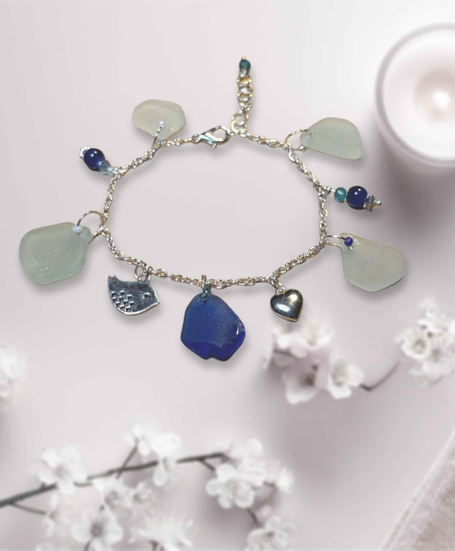 Sea glass charm bracelet blue, Seafoam & white pieces of seaglass. St 