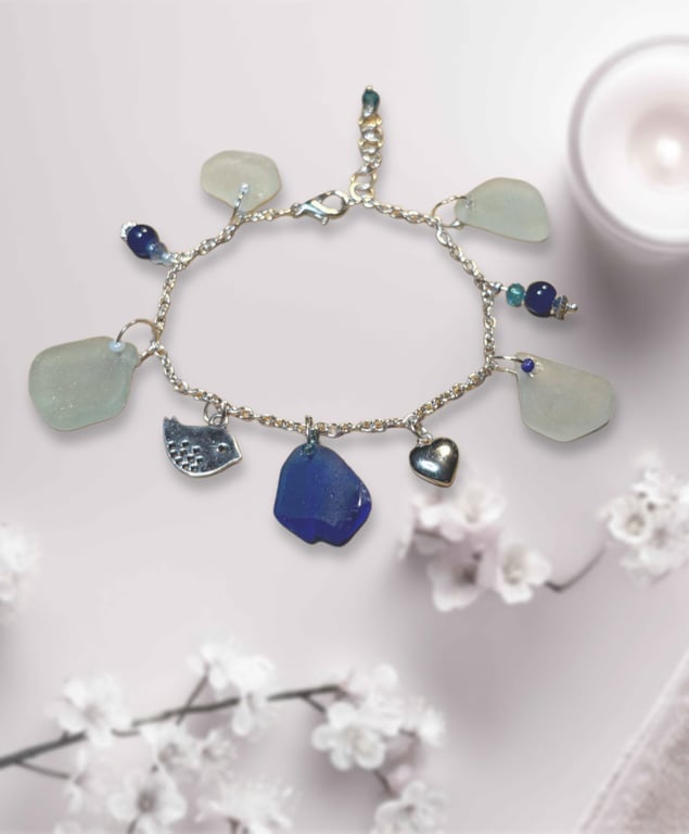 Sea glass charm bracelet blue, Seafoam & white pieces of seaglass. St 