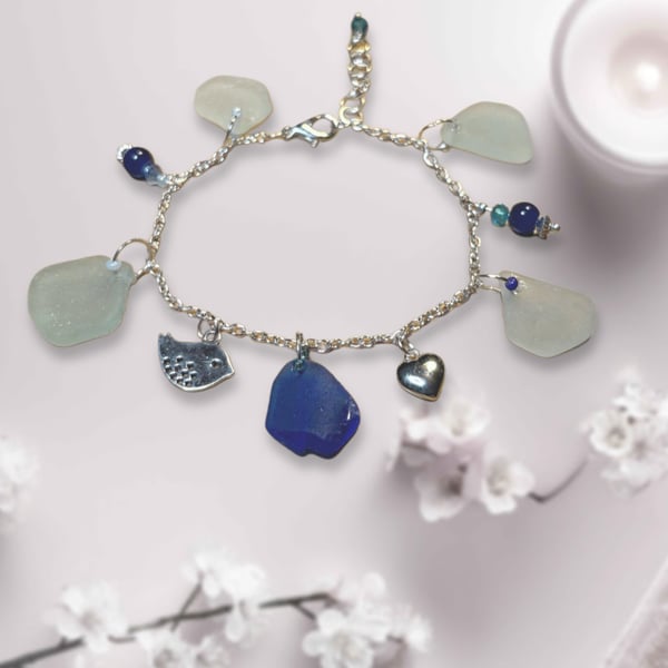 Sea glass charm bracelet blue, Seafoam & white pieces of seaglass. St 