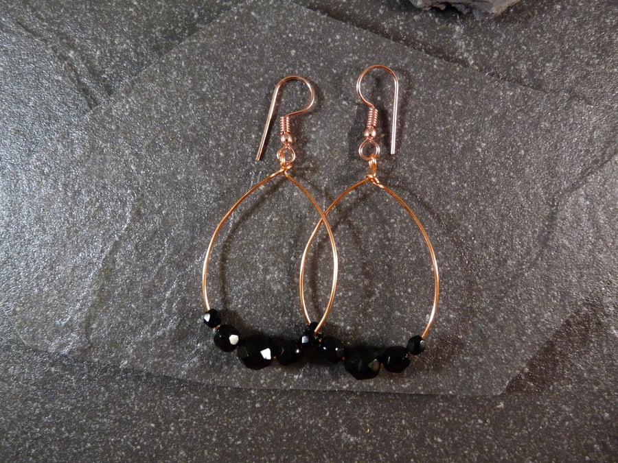 Large Hoop Earrings - Jet Black Faceted Glass - 40mm - Copper 