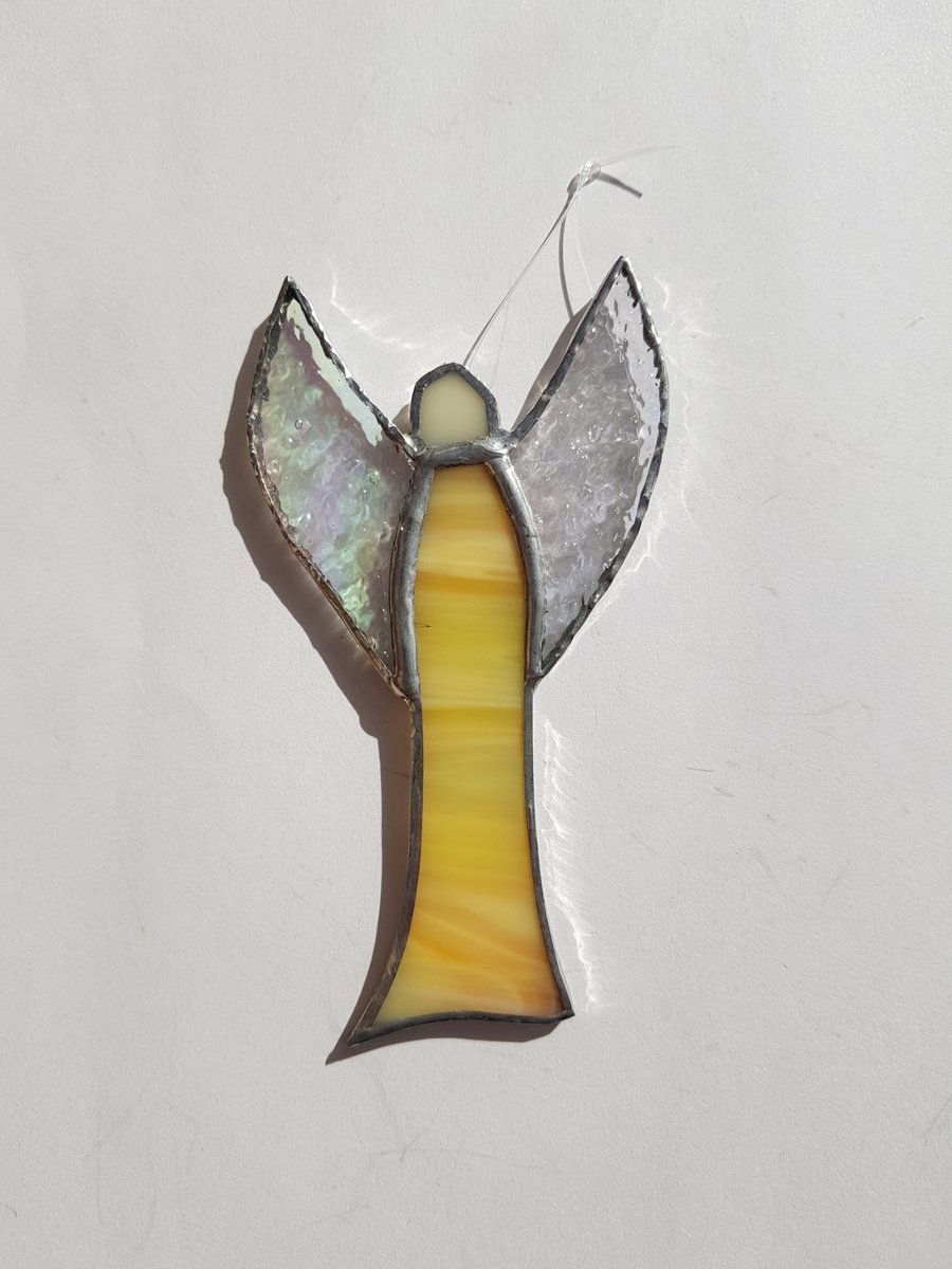 153 Stained Glass Yellow Medium Thin Angel - hand made hanging decoration.