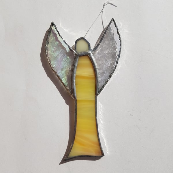 153 Stained Glass Yellow Medium Thin Angel - hand made hanging decoration.