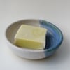 Handmade thrown stoneware pottery soap dish in white and blue-green glaze
