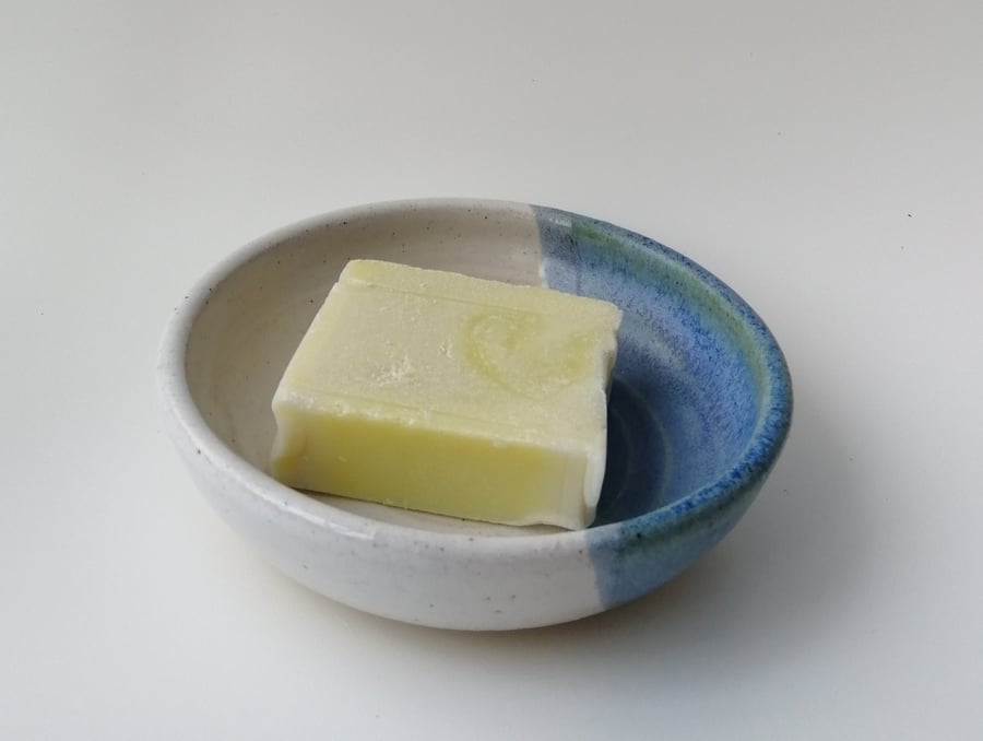 Handmade thrown stoneware pottery soap dish in white and blue-green glaze