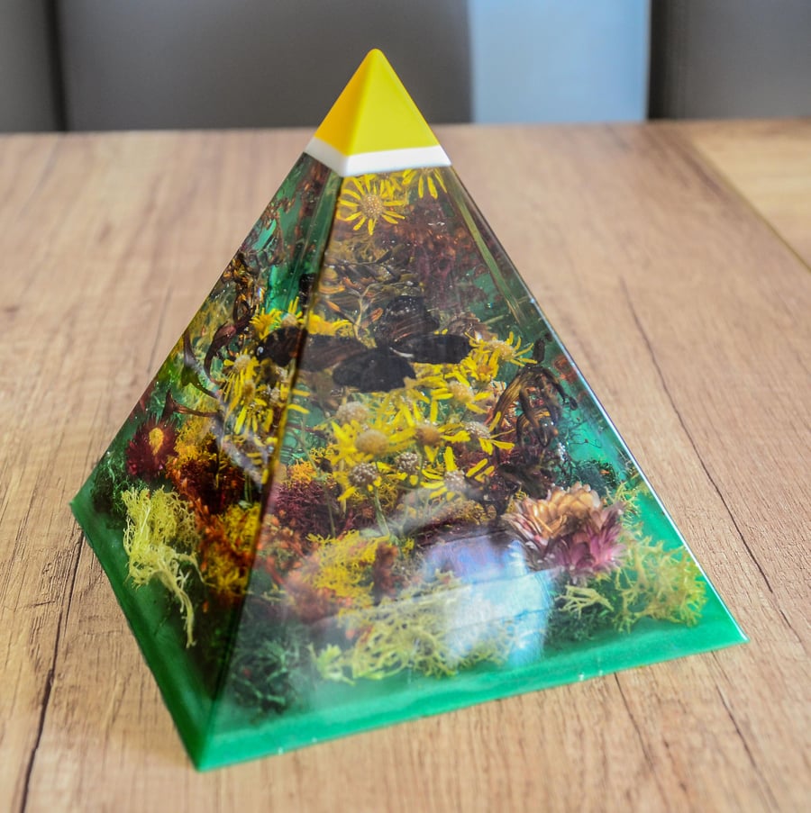 15cm High Hand Made Floral Butterfly Resin Pyramid with Dried wild Flowers and a