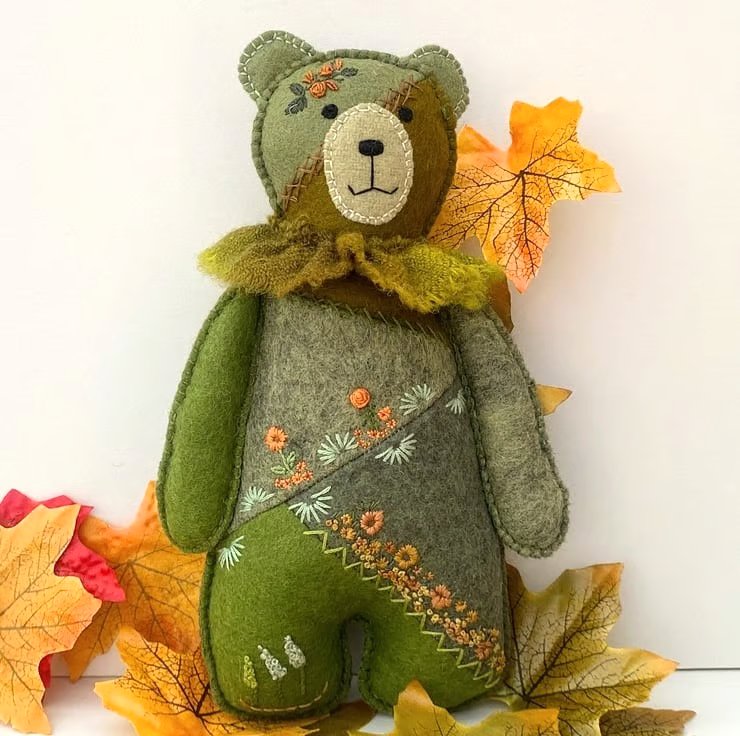 Woodland felt teddy bear, decorated patchwork bear wall hanging