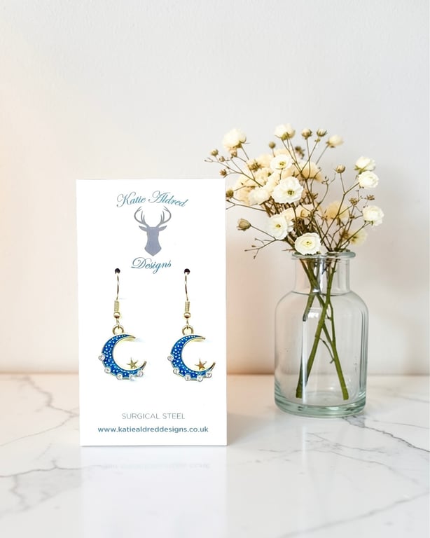 Charm Earrings - Large Teal Rhinestone Moon