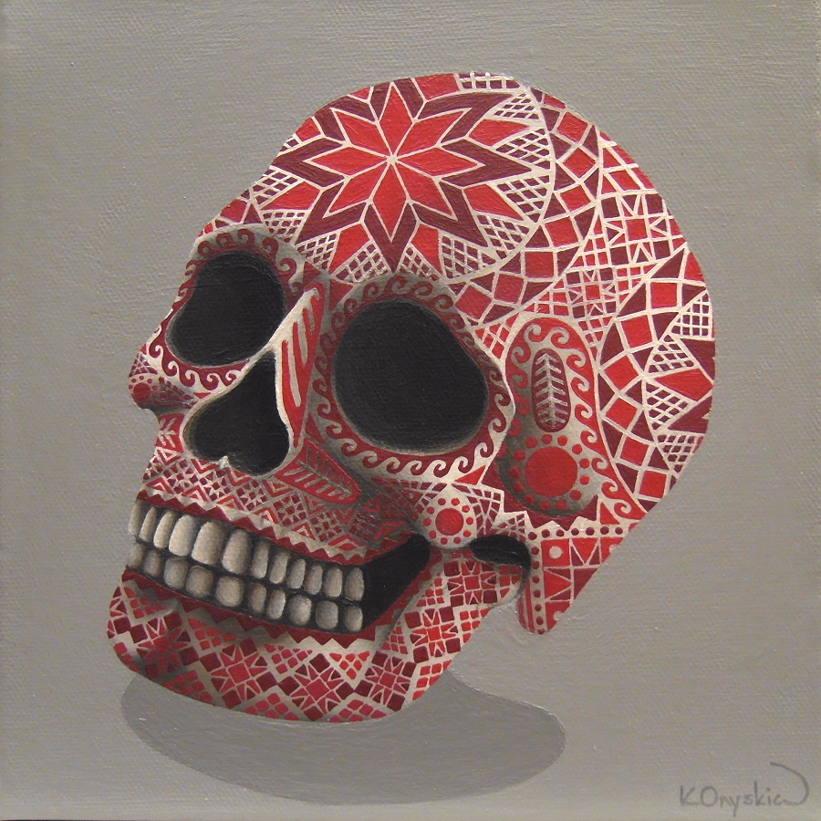 Skull Print - 8" art print of red pattern decorated skull, Ukrainian to the Bone