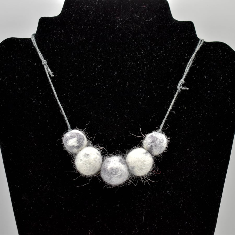 SOLD - Felted bead necklace in grey and white marled baby alpaca wool