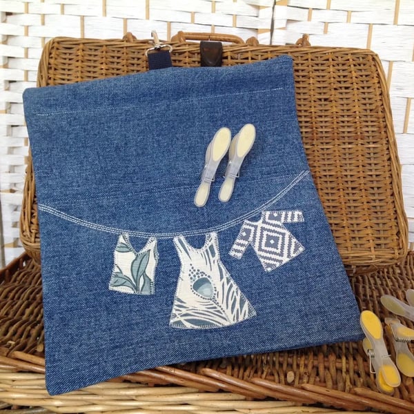 Recycled denim peg bag, washing line laundry bag