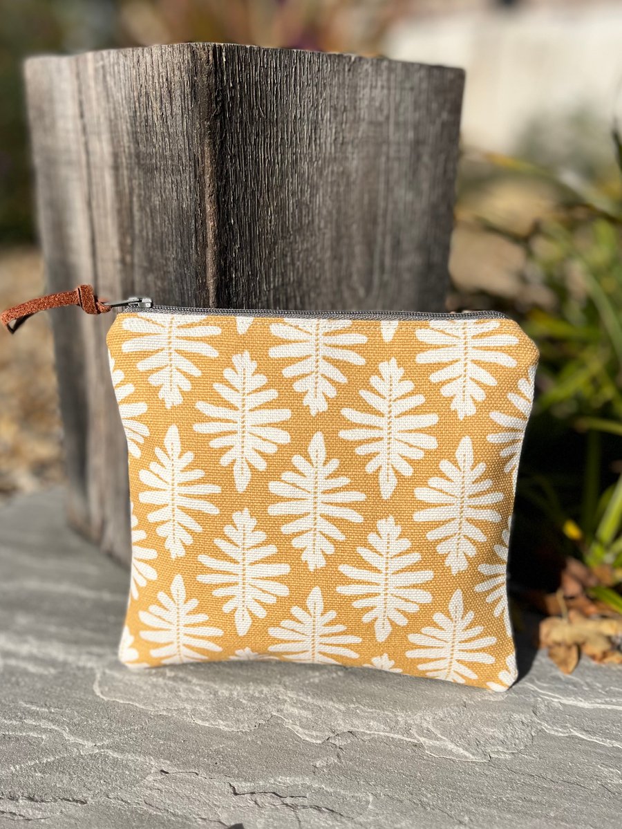Ochre linen and reclaimed fabric small zip pouch