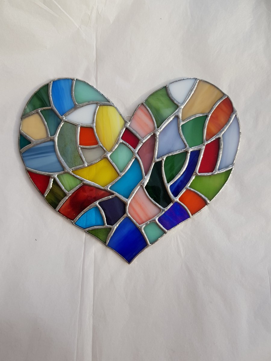 410 Stained Glass Large Multi Colour Heart - handmade hanging decoration.