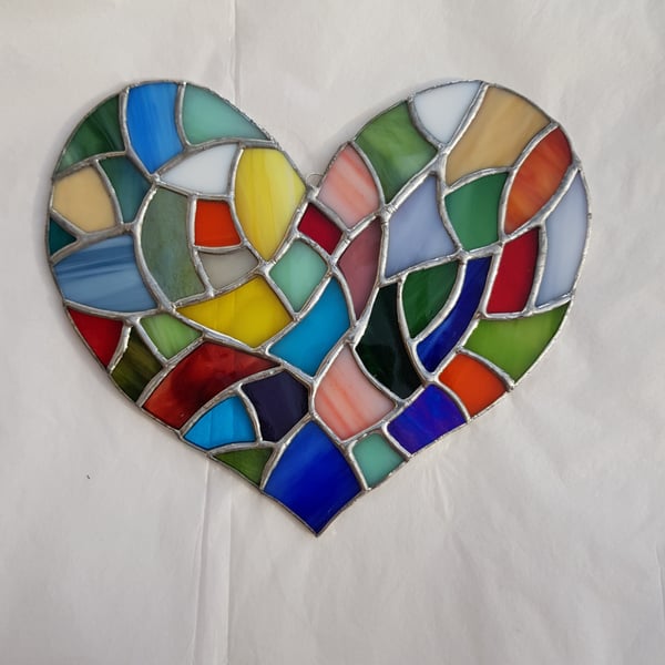 410 Stained Glass Large Multi Colour Heart - handmade hanging decoration.