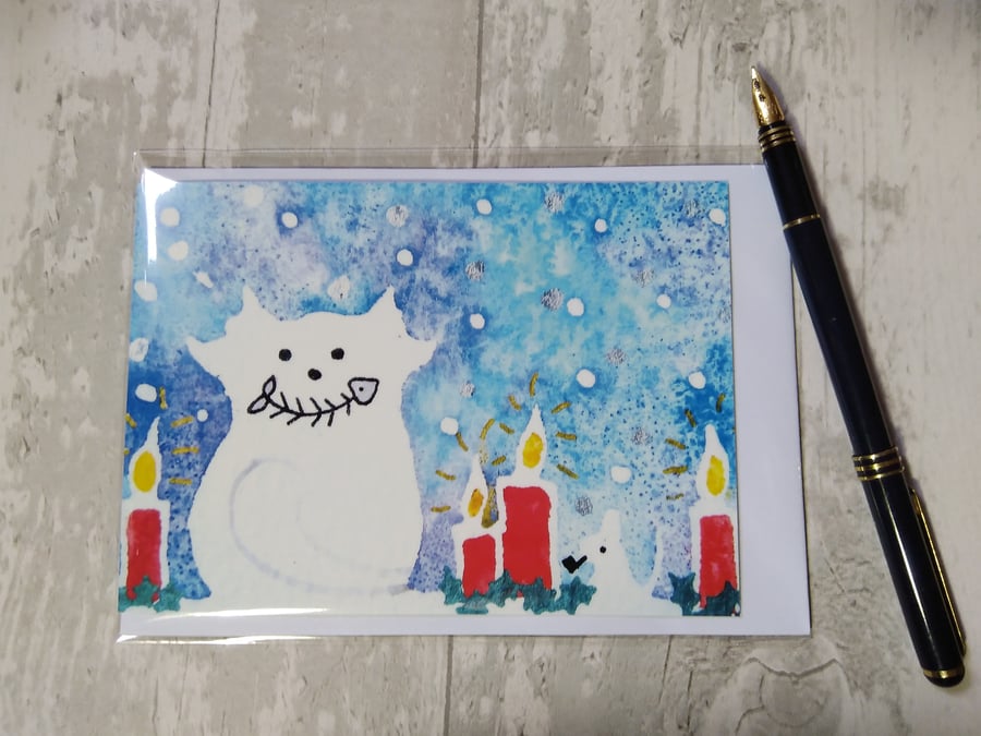 Christmas card (printed) Snow cat and mouse light Christmas candles