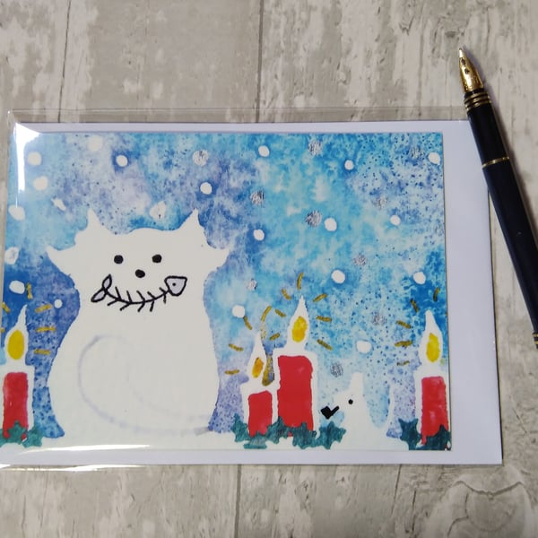 Christmas card (printed) Snow cat and mouse light Christmas candles