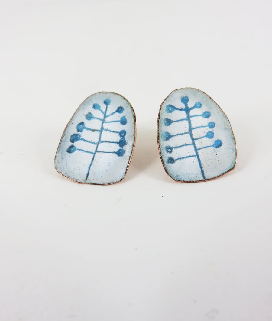 Enamel Studs with Hand Drawn Plant Details in White and Turquoise
