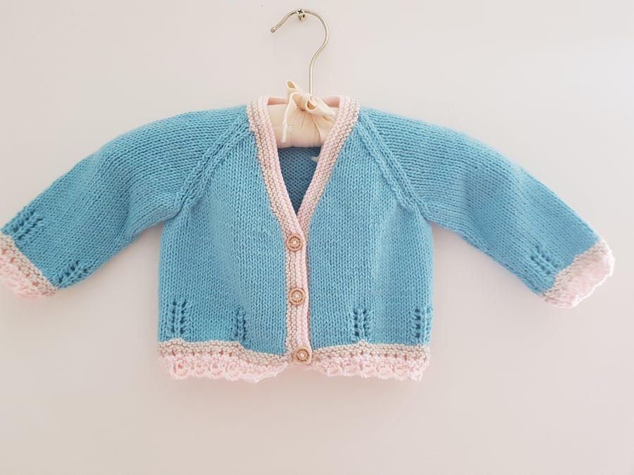 Hand Knitted  Pale Turquoise Lace Edge Baby Cardigan 6-12 months