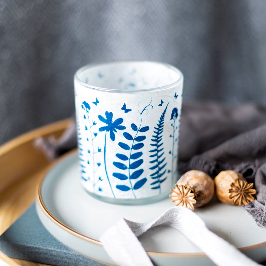 Spring hedgerow Cyanotype tealight holder, Mother’s Day gift