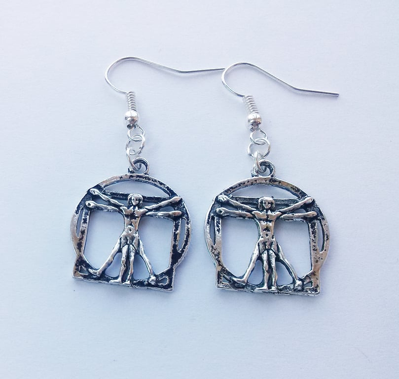 Vitruvian Man Da Vinci Artist Art Lover Silver Plate Earrings