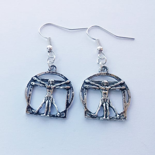 Vitruvian Man Da Vinci Artist Art Lover Silver Plate Earrings
