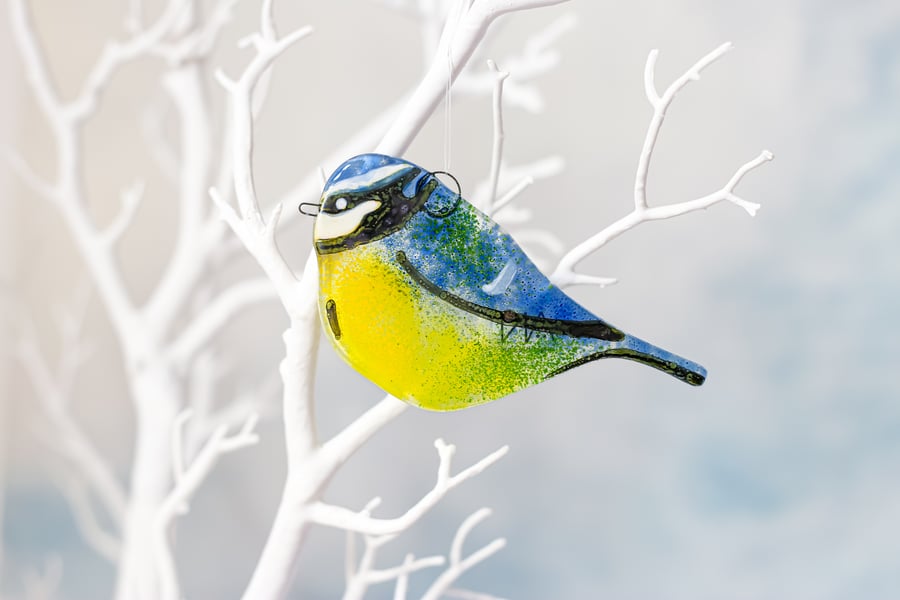 Blue Tit Garden Bird Side View - Fused Glass Hanging - Sun Catcher - Gift